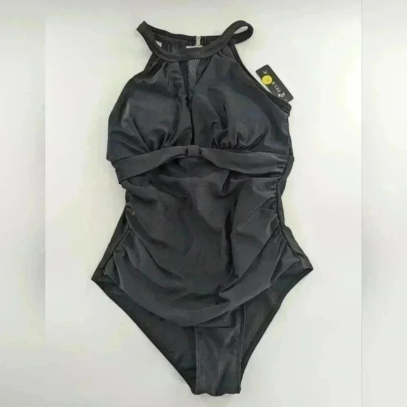 Tempt Me High Neck Mesh Ruched One Piece Swimsuit Black Size Small - Picture 2 of 6